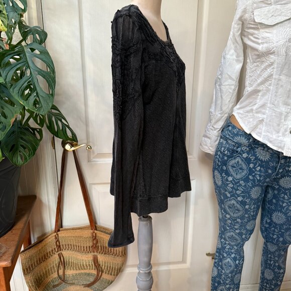 Free People Black Embroidered Lace Jacquard Love Sleeve Top M - Picture 6 of 8